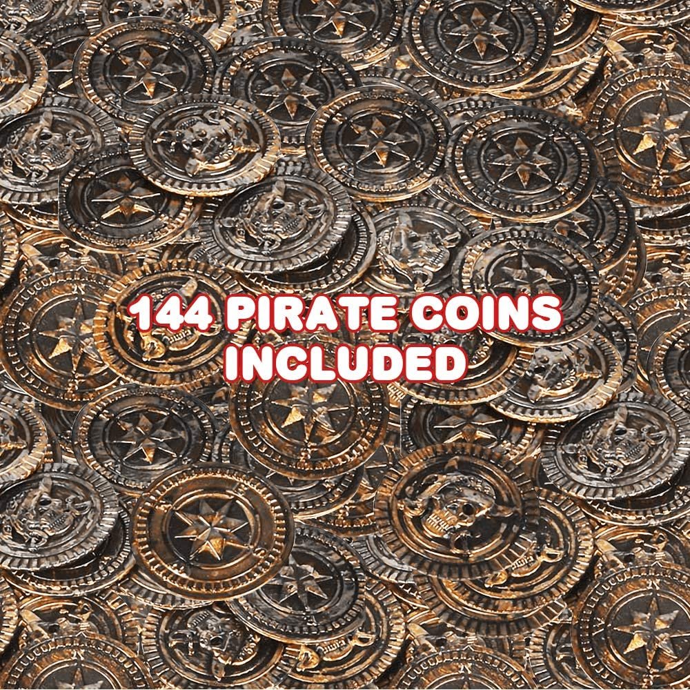 144 Plastic Pirate Coins, Ancient Pirate Booty, Treasure Chest Supplies, Birthday Party Decorations and Centerpiece Items, Treasure Hunt Toys for Kids, Pinata and Goodie Bag Fillers