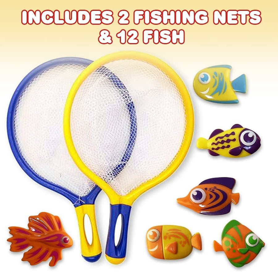 Fishing Net Catch Game, Set of 2, Each Set with 1 Fishing Net and 6 Colorful Fish Toys, Pool Toys for Kids, Bathtub Toys for Boys and Girls, Summer Toys and Great Gift for Children