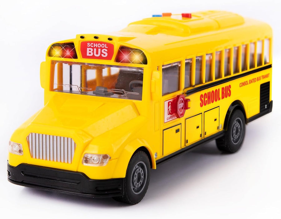 Yellow School Bus with Flashing Lights & Sound, Friction Powered 11" Toy School Bus