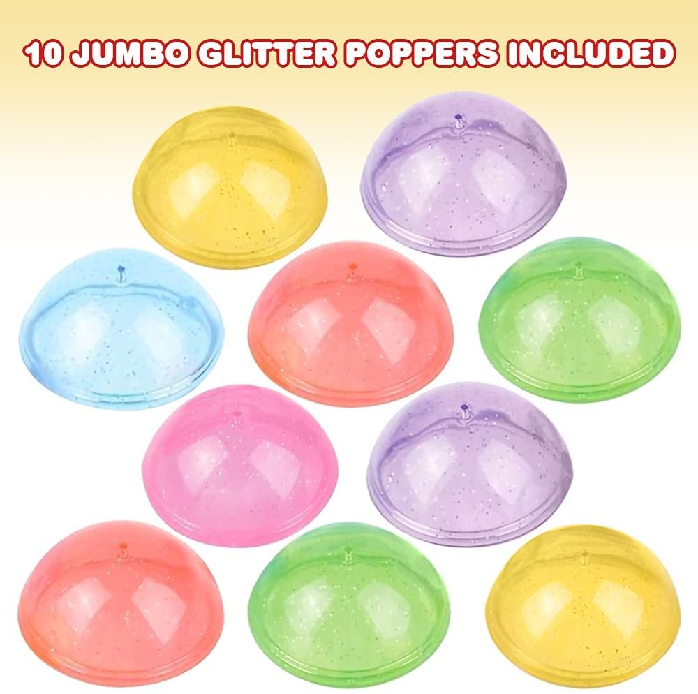 Jumbo Glitter Poppers, Set of 10, Pop-Up Half Ball Toys in Assorted Glittery Colors, Old School Retro 90s Toys for Kids, Birthday Party Favors, Goodie Bag Fillers for Boys and Girls