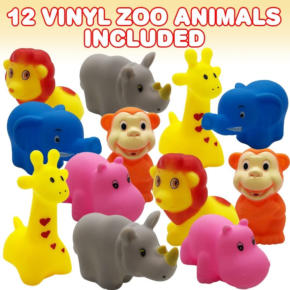 Vinyl Zoo Animals, Pack of 12 Assorted Squeezable Toys, Safari Birthday Party Favors for Kids, Fun Bath Tub and Pool Toys for Children, Educational Learning Aids for Boys and Girls