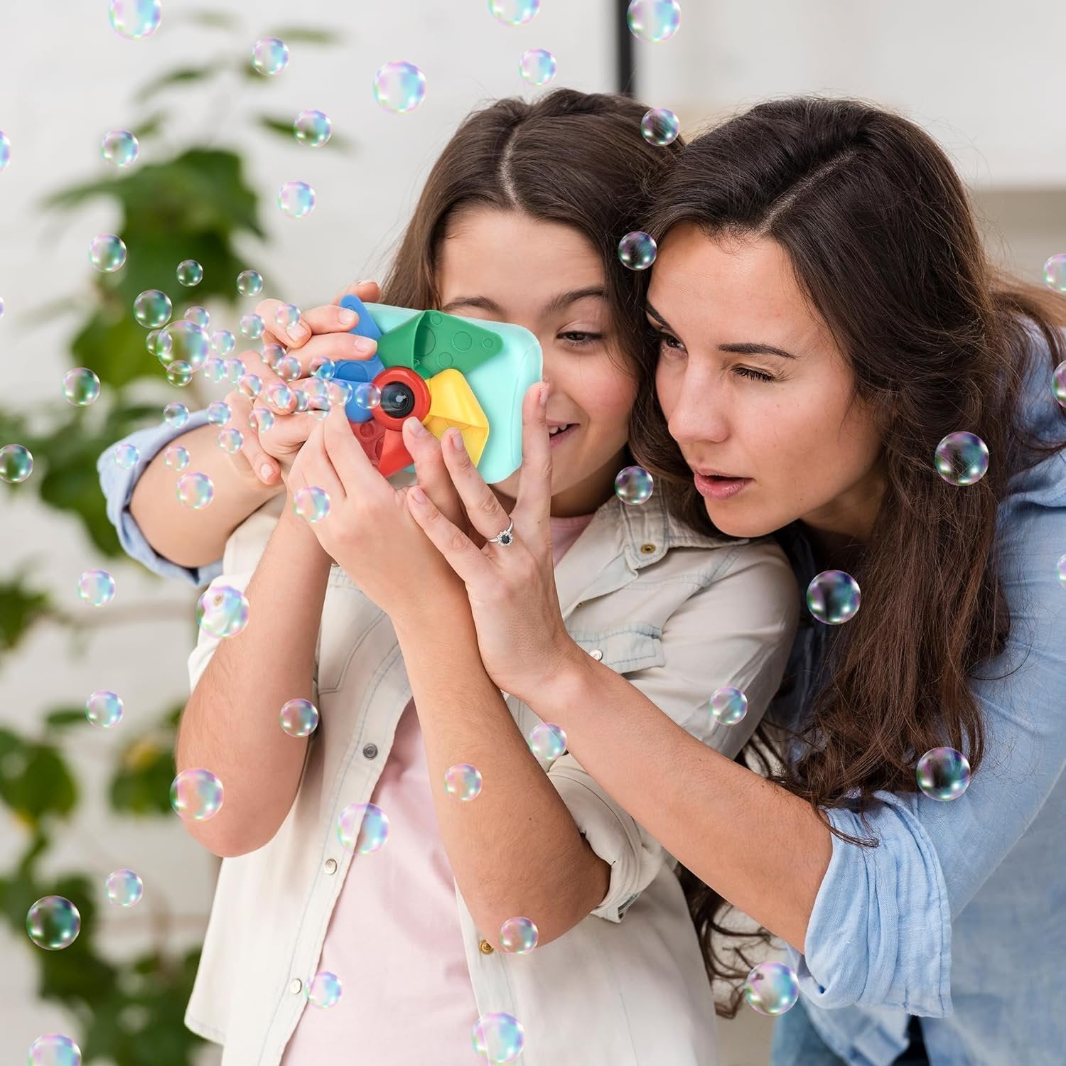 Pinwheel Camera Bubble Machine for Kids - Camera Shaped Bubble Toy with Neck Strap and Solution - Small Bubble Machine for Kids with Sounds, Music, and Lights for Extra Fun