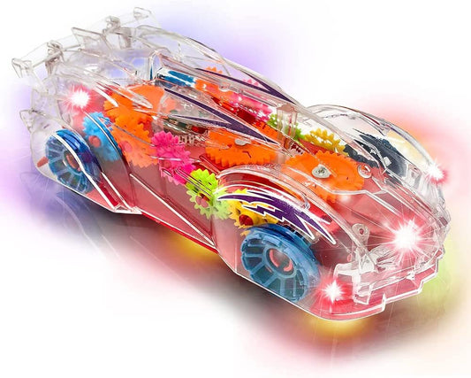 Light Up Car Transparent Gear Racer Toy Car for Kids, 1PC, Bump and Go Toy car with Colorful Moving Gears, Music, and LED Effects, Fun kids Car Toys for Boys, Great Birthday gifts For 3 Year Old Boys