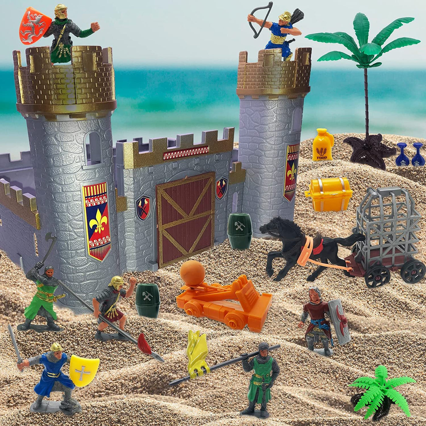 Medieval Castle Knights Playset for Kids, 27-Piece Deluxe Action Figure Play Set with Storage Bucket, Assembly Castle, 6 Knight Action Figures, Horse Drawn Carriage, Catapult, and More