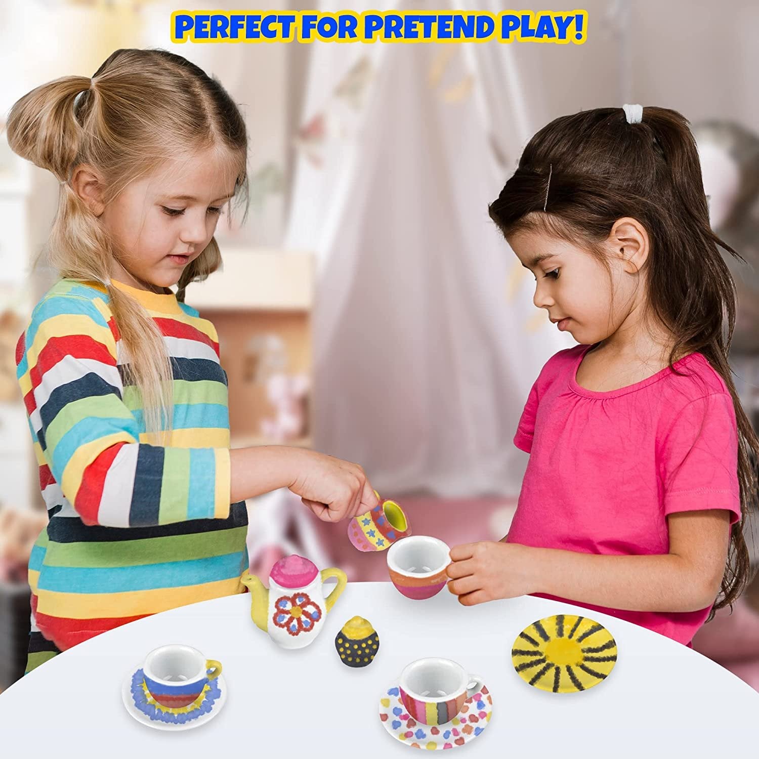 Paint Your Own Play Tea Set for Kids, Ceramic Craft Tea Set for Little Girls, Kids’ Arts & Crafts Painting Kit with 13 Paintable Ceramic Dishes, 6 Paint Colors, & Paintbrush