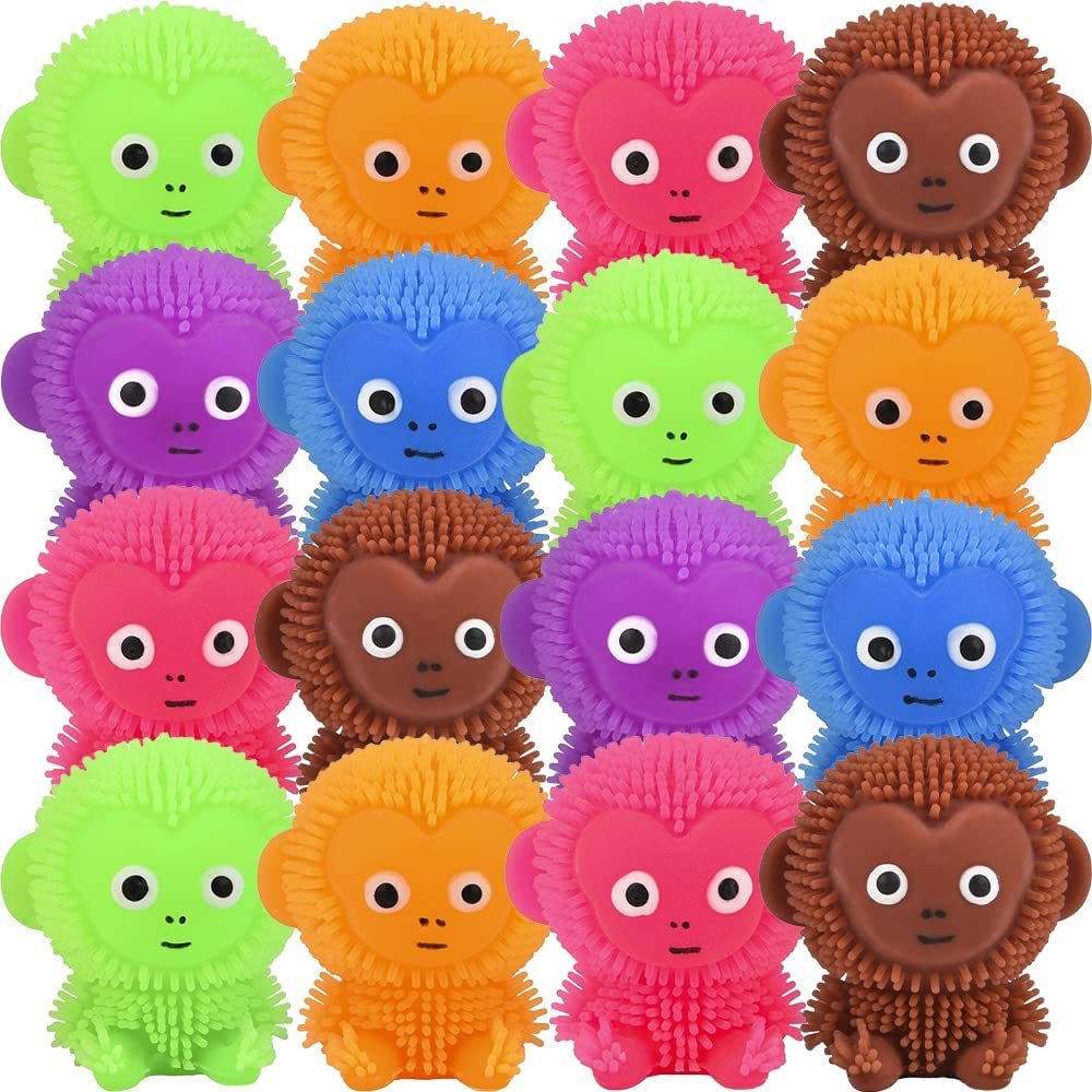Mini Puffer Monkeys, Set of 24, Monkey Squeeze Toys for Filling Easter Eggs, Easter Party Favors, Egg Hunt Supplies, Stress Relief Toys for Kids, Assorted Neon Colors