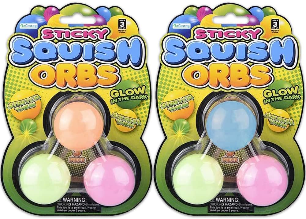 Squish Sticky Glow in The Dark Orbs, 2 Packs with 3 Balls Each, Glowing Fidget Toys for Kids & Adults, Squeeze Stress Toys in Assorted Vibrant Colors, Goody Bag Fillers & Party Favors