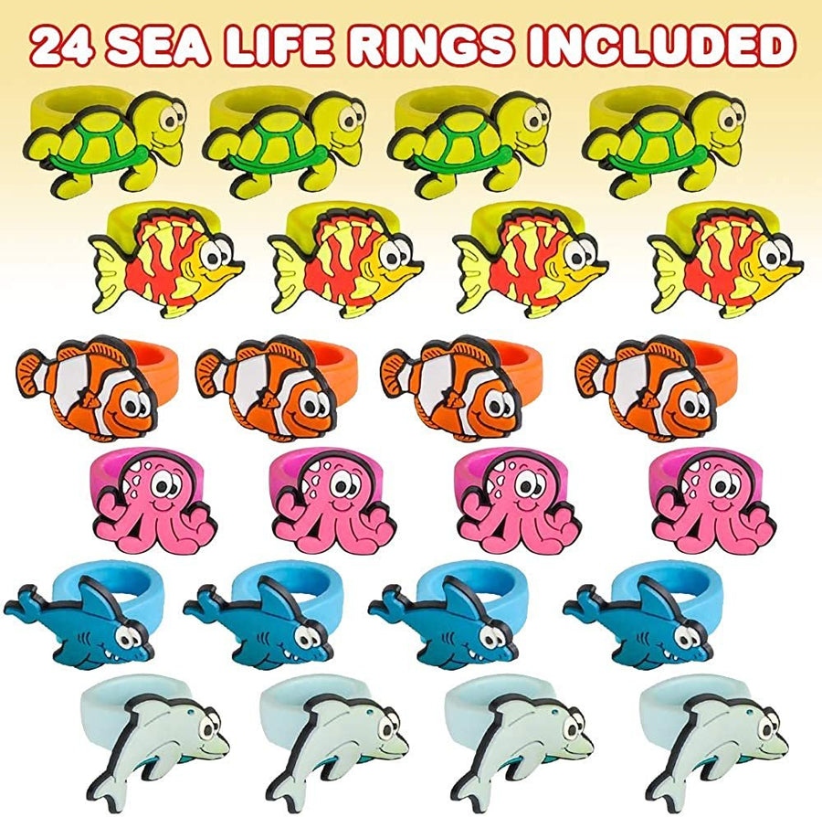 Sea Life Rubber Rings for Kids, Pack of 24, Adorable Kids Jewelry for Little Girls and Boys, Fun Assorted Colors, Skin-Safe Silicon, Ocean Life Party Favors, Goodie Bag Fillers