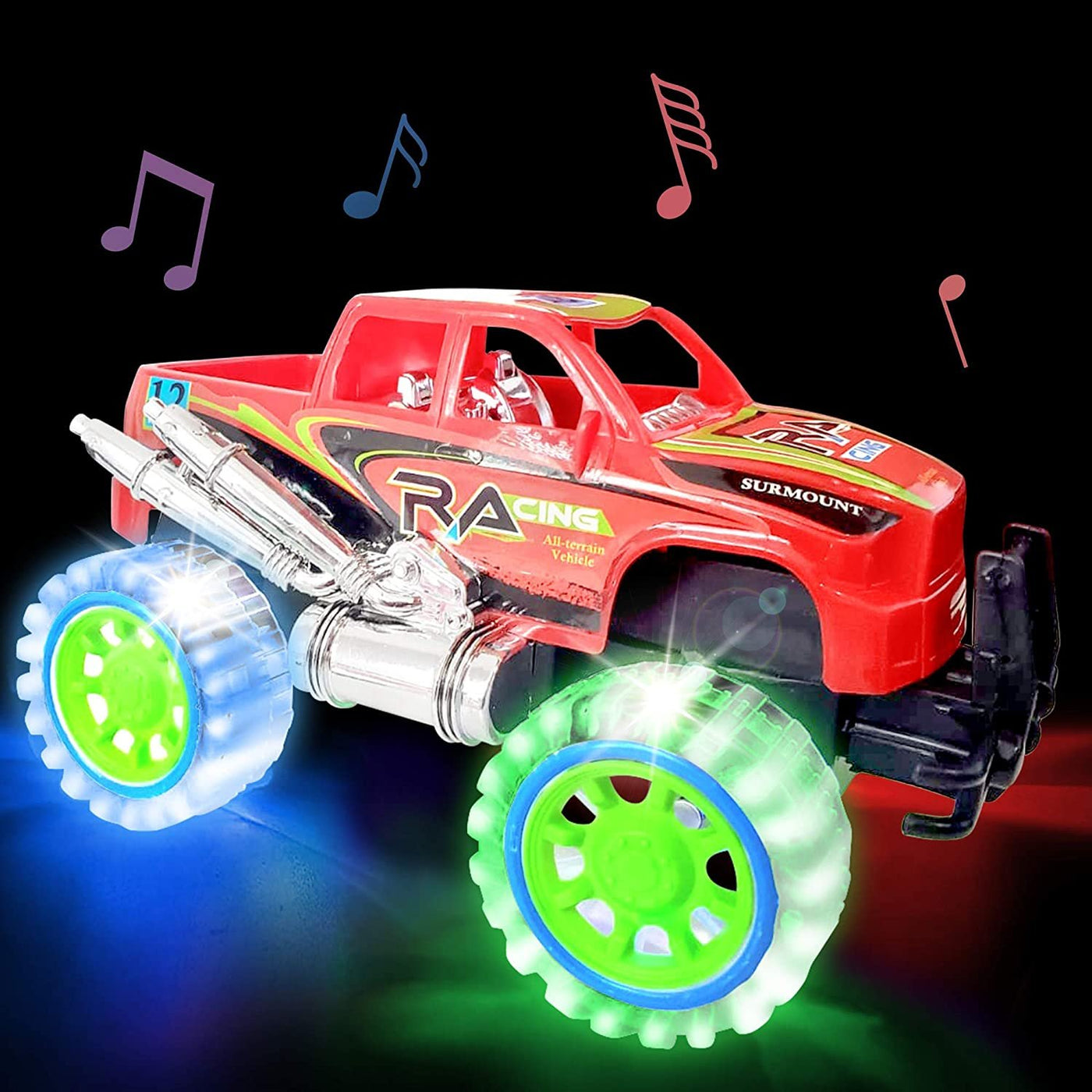 Light-Up Red Monster Truck with Sounds, 9" Monster Truck with Flashing Wheels and Friction Motor, Push n Go Toy Car, Best Birthday Gift for Boys and Girls Ages 3+