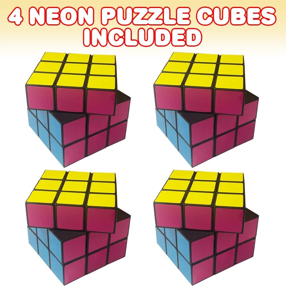 Neon Puzzle Cubes, Set of 4, 3D Puzzles for Kids with Vibrant Colors, Brain Teaser Puzzles and Travel Toys for Kids, 80s Party Favors for Adults, Colorful Retro Party Decorations