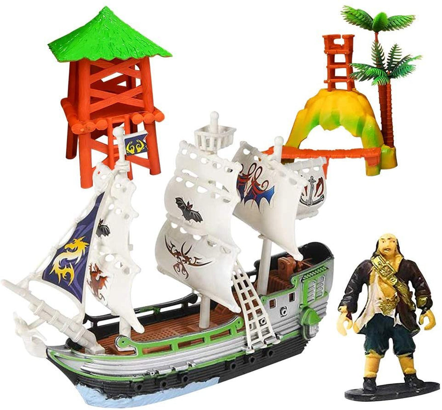 Pirate Adventure Playset for Kids - 4 Piece Set - Pirate Ship, Toy Figurine, and 2 Caribbean Island Pieces - Durable Pretend Play Kit - Best Holiday or Birthday Gift for Boys and Girls