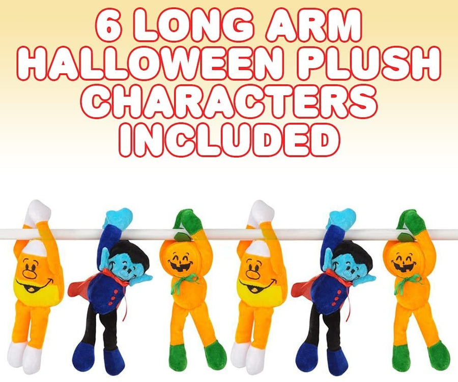Plush Halloween Toys, Set of 6, Assorted Characters, Halloween Stuffed Toys with Long Arms, Indoor Halloween Decorations and Party Supplies, Velcro on Hands for Easy Hanging