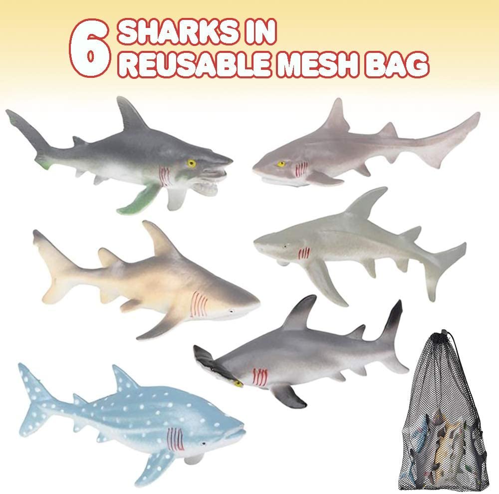 Shark Figures in Mesh Bag - Pack of 6 Sea Creature Figurines in Assorted Designs, Bath Water Toys for Kids, Shark Party Favors for Toddlers, Boys, and Girls, Ocean Life Party Decor