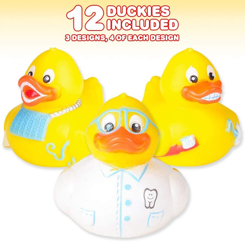 2" Dental Rubber Duckies, Pack of 12, Cute Duck Bath Tub Pool Toys in Assorted Styles, Fun Decorations, Carnival Supplies, Party Favor, Dental Treasure Toys