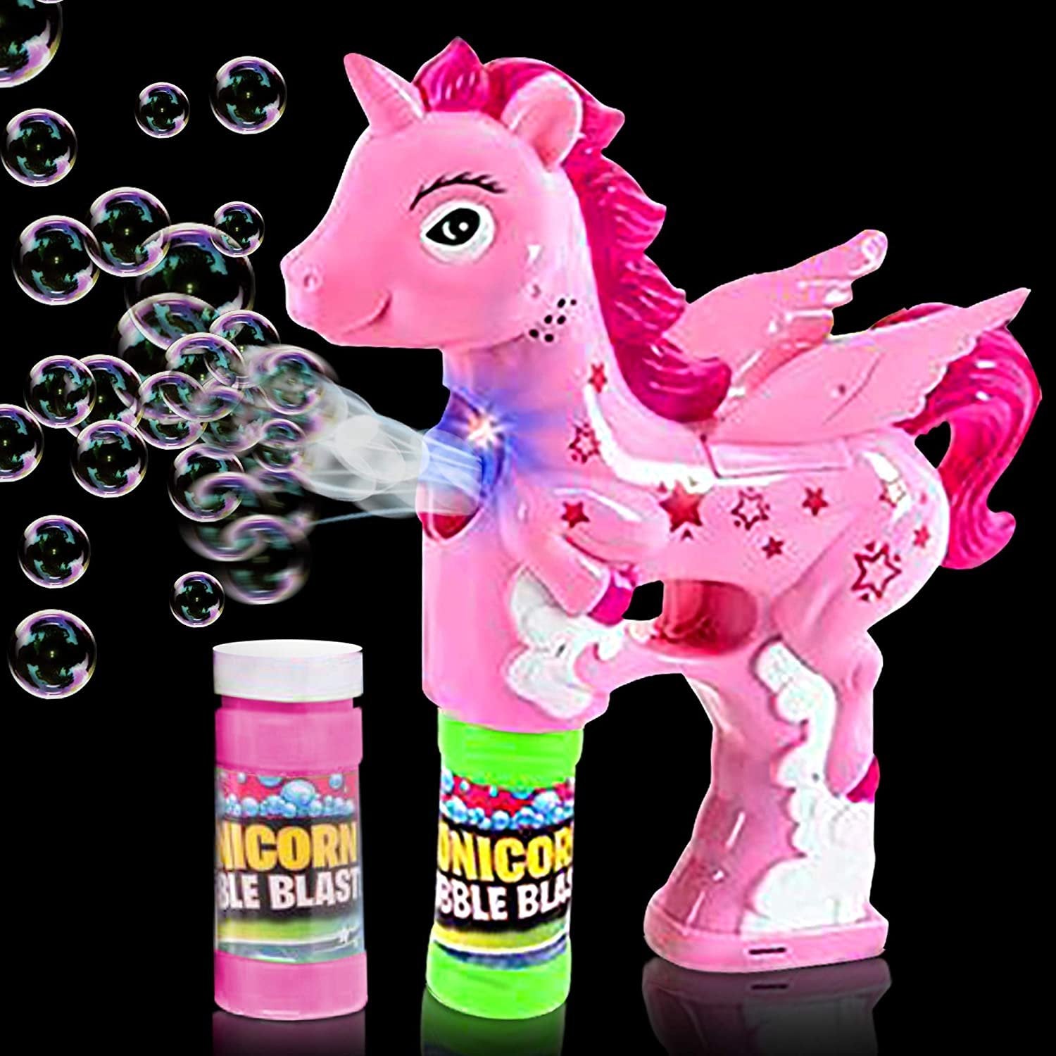 Pink Unicorn Bubble Blaster with Light and Sound, Includes 1 Bubble Gun & 2 Bottles of Bubble Solution, Fun Summer Toy for Girls and Boys