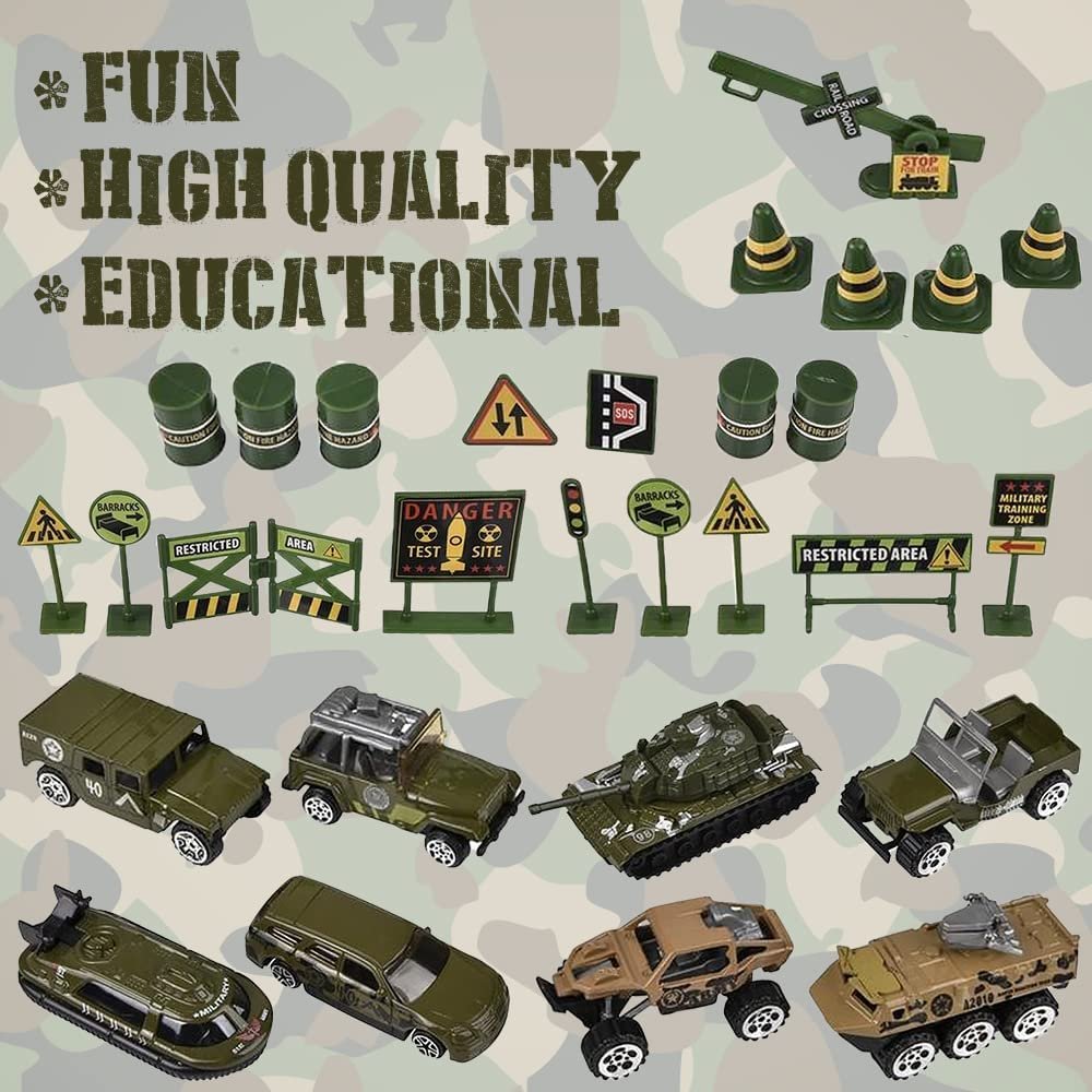 Diecast Military Playset for Kids, 15-Piece Set with Army Trucks, Signs, Gas Cans and More, Imagination-Sparking Army Toys for Boys and Girls, Durable Army Truck Playset