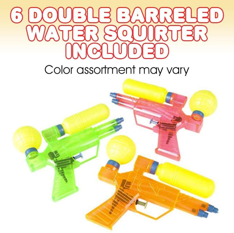 Double Barreled Water Squirters, Pack of 6, Assorted Colors Water Squirt Toy Guns for Swimming Pool, Beach and Outdoor Summer Fun, Cool Birthday Party Favors for Boys and Girls