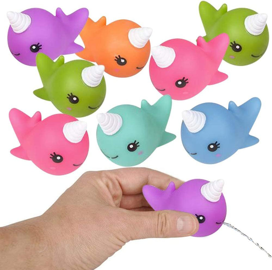 Rubber Water Squirting Narwhals, Pack of 12, Bathtub and Pool Toys for Kids, Safe and Durable Water Squirters, Birthday Party Favors, Goodie Bag Fillers