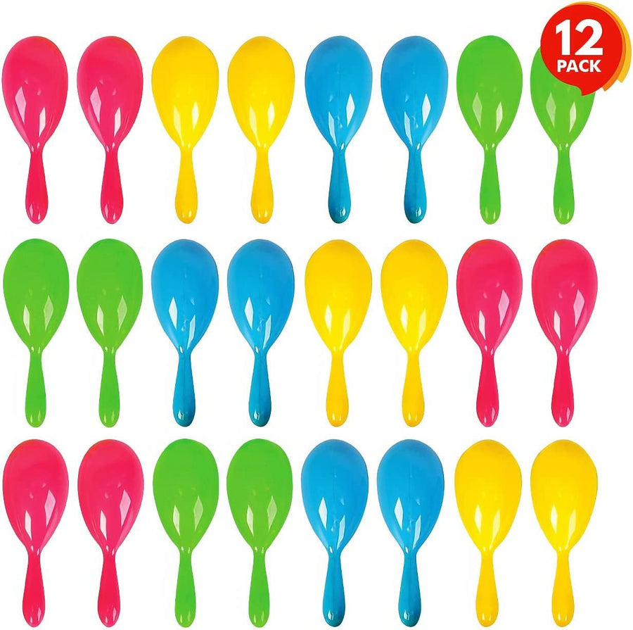 4" Plastic Maracas for Kids - 12 Pairs - Neon Music Hand Shakers - Fun Noise Makers and Toy Musical Instruments - Birthday Party Favors, Fiesta Decorations, Goodie Bag Fillers