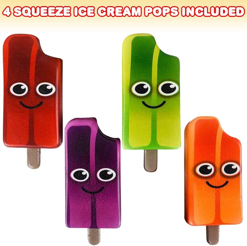 ArtCreativity Ice Cream Pops Squeeze Toys for Kids, Set of 4, Squeezy Popsicle Toys with Smiley Faces, Stress Relief Sensory Toys for Boys and Girls, Fun Ice Cream Birthday Party Favors, 4 Colors