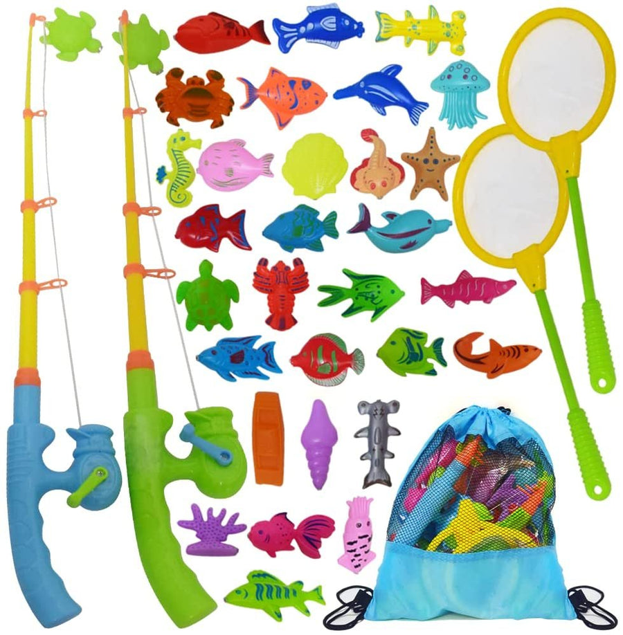 Fishing Toys Set for Toddlers, Magnetic Fishing Set with Rods, Nets, Bag, and 30 Aquatic Toys, Interactive Fishing Game for Kids, Swimming Pool, Bath Toys for Kids, Boys and Girls