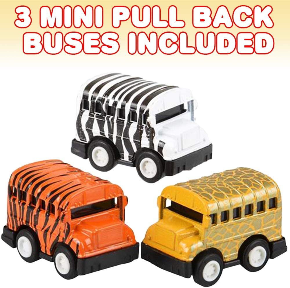 ArtCreativity Pullback Mini Zoo Buses for Kids, Set of 3, Assorted Animal Design Bus with Pullback Mechanism, Durable Plastic Material, Safari Party Decorations, Great Birthday Gift for Boys & Girls