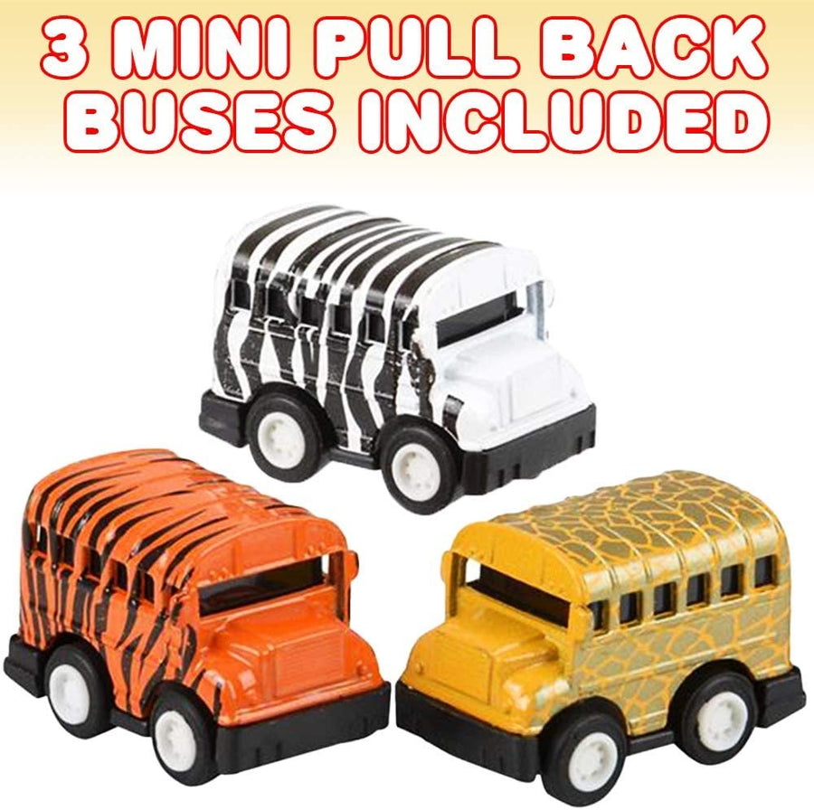 Pullback Mini Zoo Buses for Kids, Set of 3, Assorted Animal Design Bus with Pullback Mechanism, Durable Plastic Material, Safari Party Decorations, Great Birthday Gift for Boys & Girls