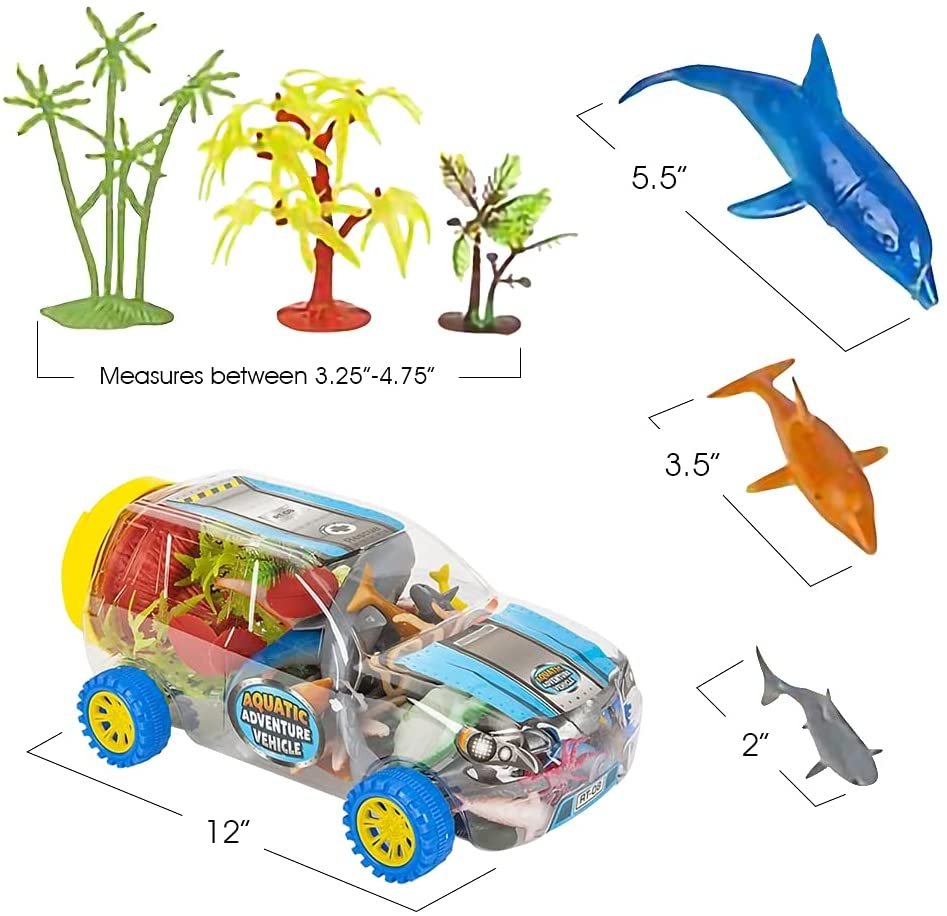 Aquatic Vehicle Playset, 37-Piece Set with Assorted Ocean Animal Figures and a Clear Storage Truck, Ocean Toys for Kids That Work as Bath Toys and Under The Sea Party Decorations