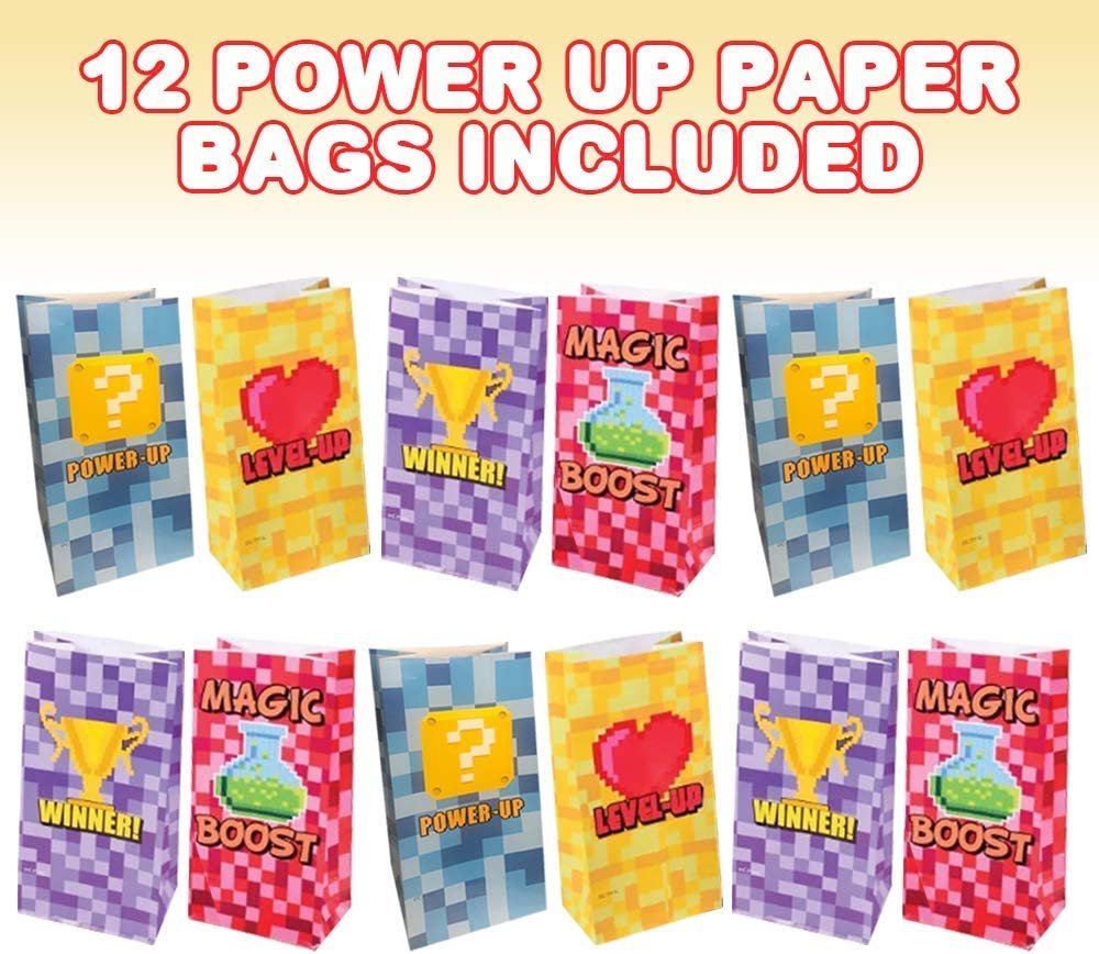 Power Up Party Favor Bags, Pack of 12, Video Game & Pixel Themed Goodie Gift Paper Bags, Durable Treat Bags, Party Supplies and Favors for Birthday, Baby Shower, Holiday Goodies
