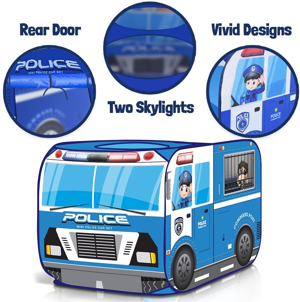 Police Car Tent with Carry Bag, Pop Up Indoor Tent for Kids, Police Officer Indoor Playhouse with 2 Openings, Flat-Folding Kids Play Tent for Compact Storage, 43.5 x 28 x 26.5"es
