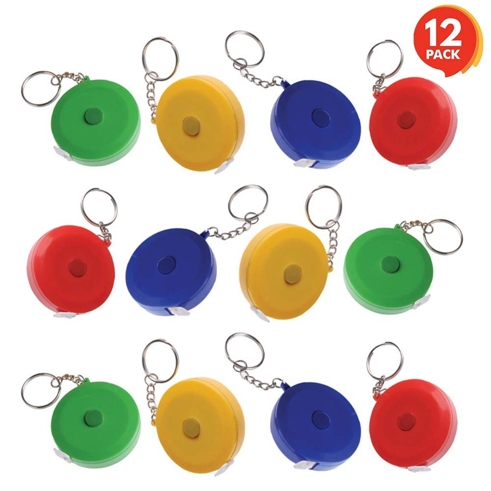 Tape Measure Keychains for Kids and Adults - Set of 12 - Functional Tape Measure Key Holders - Assorted Colors - Birthday Party Favors, Goody Bag Fillers, Prize for Boys and Girls