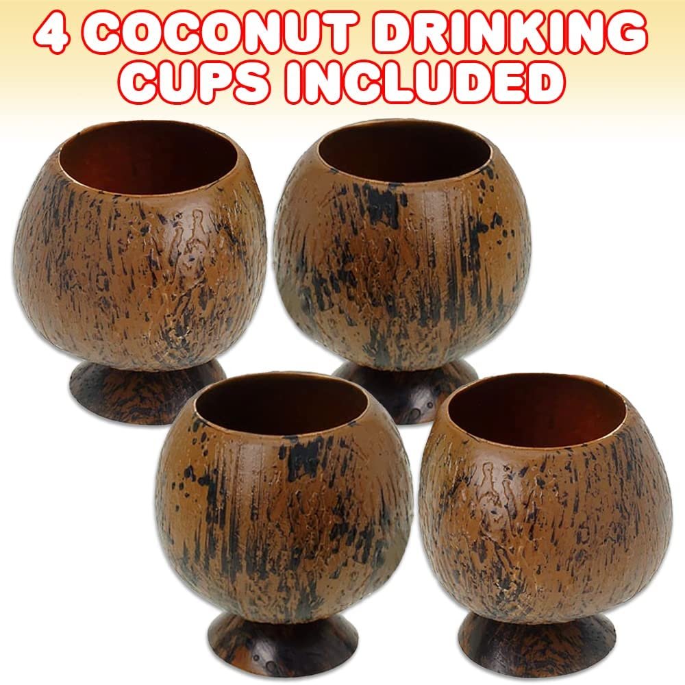ArtCreativity Plastic Coconut Drinking Cups, Set of 4, Coconut Party Cups with an Authentic Look, Tropical and Luau Party Decorations, Hawaiian Party Supplies, Photo Booth Props and Party Favors