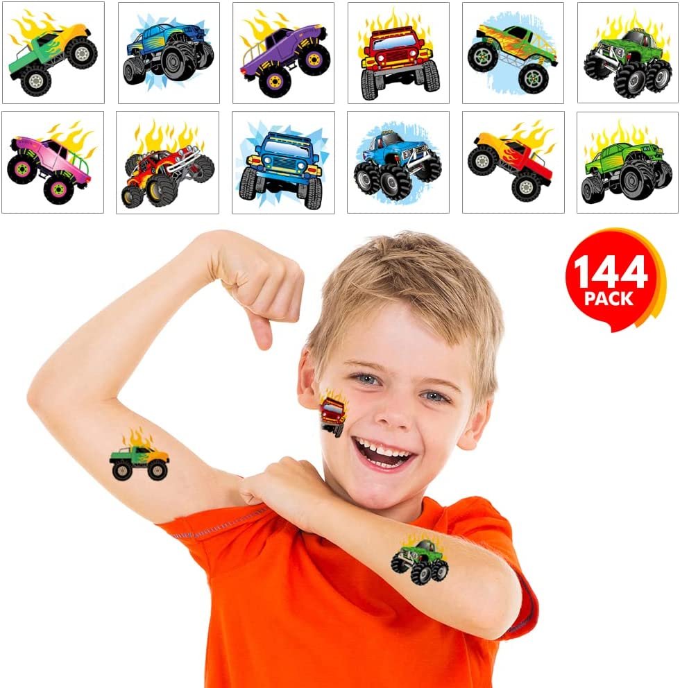 ArtCreativity 2 Inch Monster Truck Temporary Tattoos for Kids - Pack of 144 - Non Toxic Tats Stickers for Boys and Girls - Cool Birthday Party Favors, Goody Bag Fillers, Fun Prizes for Children