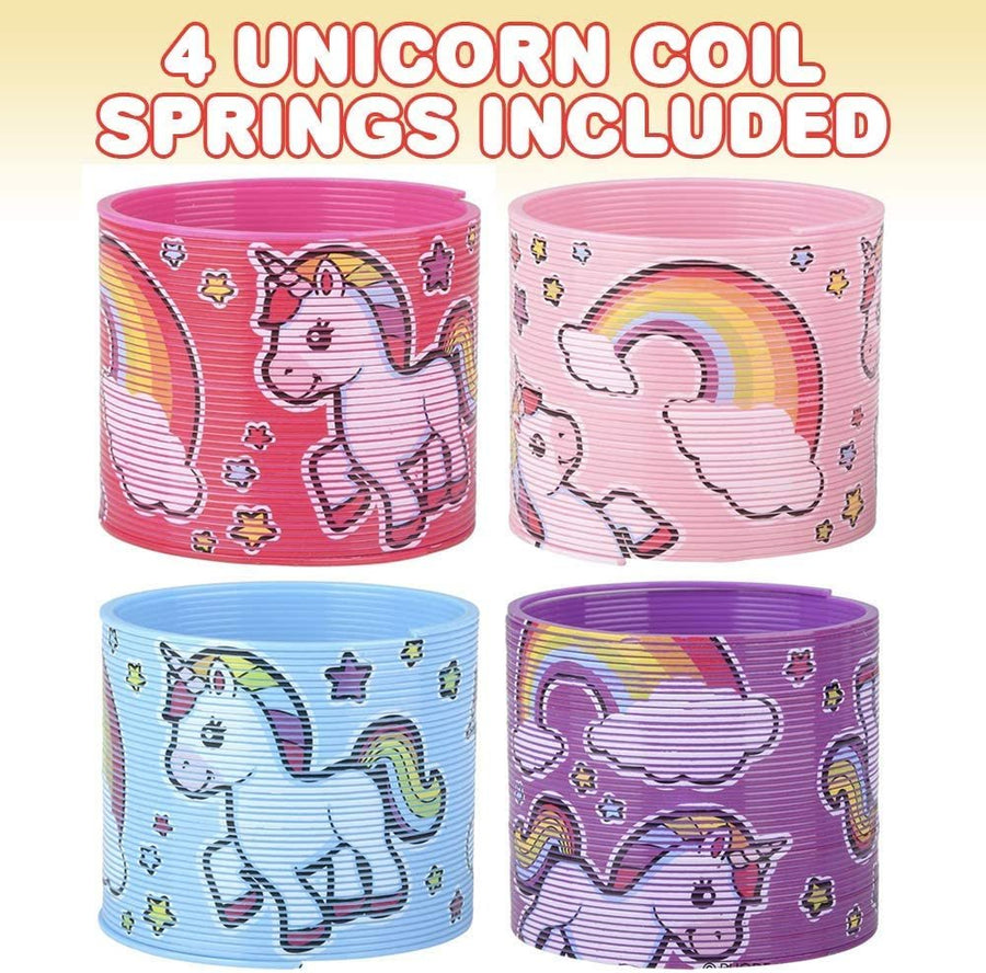 Unicorn Coil Springs, Set of 4, Plastic Coil Springs in Assorted Colors and Magical Unicorn Designs, Fun Birthday Party Favors for Kids, Goodie Bag Fillers for Boys and Girls