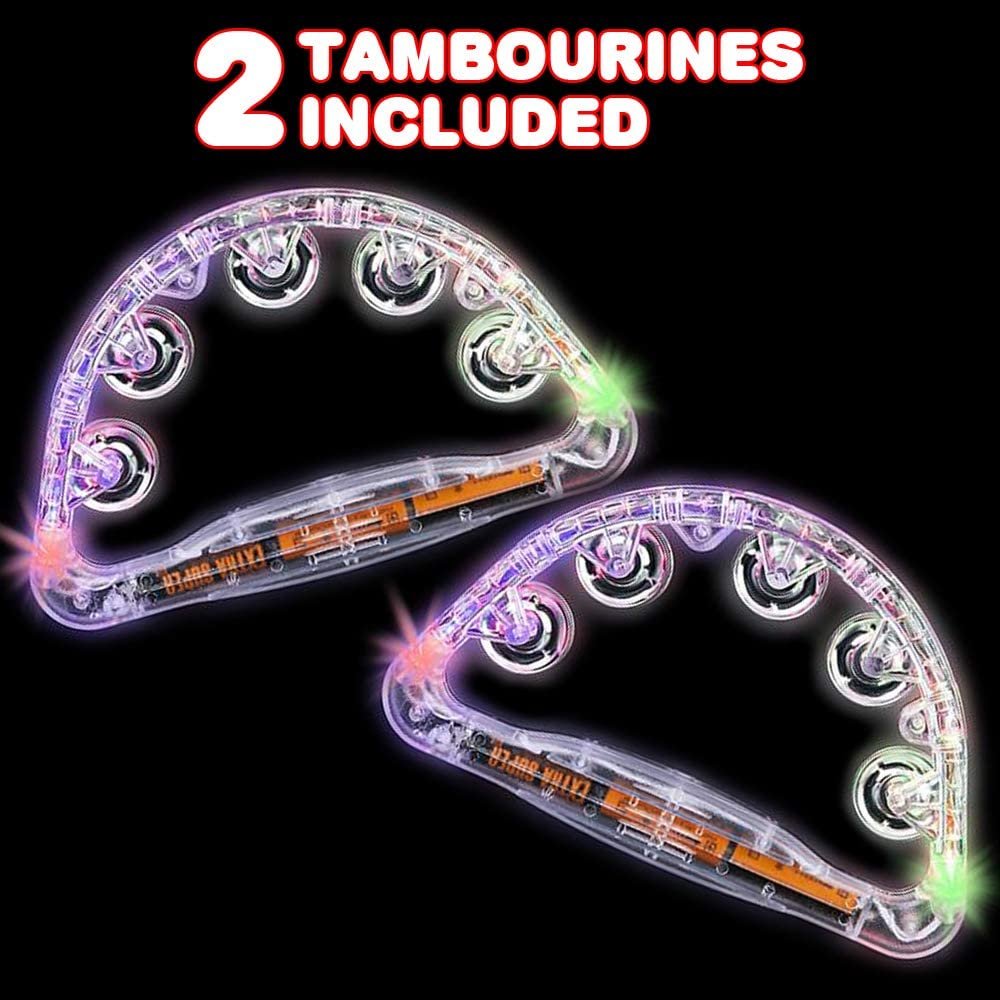 Flashing Tambourines for Kids, Set of 2, LED Noisemakers for Sporting Events, Wedding, Birthday Party, and Rave, Fun Music Toys for Children with Batteries Included