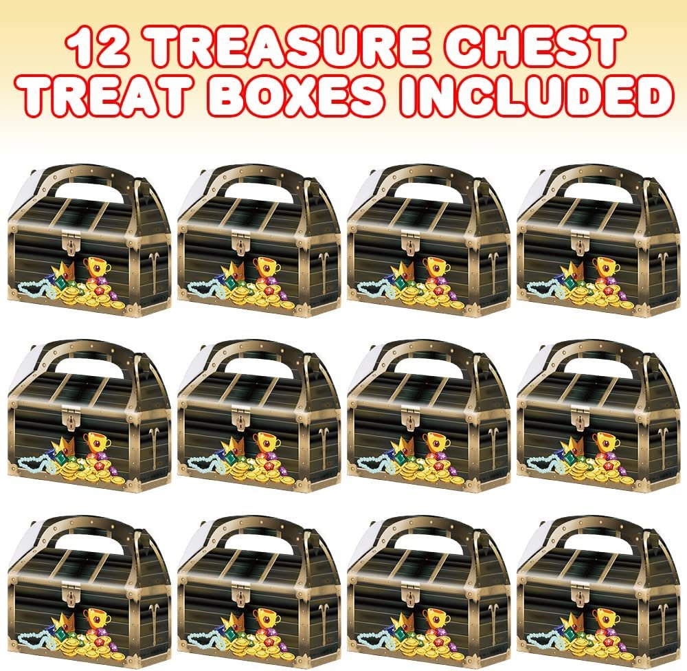Treasure Chest Treat Boxes for Candy, Cookies and Party Favors - Pack of 12 Cookie Boxes, Cute Cardboard Boxes with Handles for Pirate Birthday Party Favors, Holiday Goodies