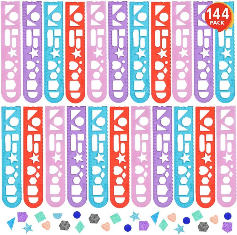 Shape Tracing Rulers for Kids, Set of 144, Plastic Tracer Drawing Tools, Fun Color Assortment, Stationery Birthday Party Favors, Back to School Gifts, and Classroom Teacher Rewards