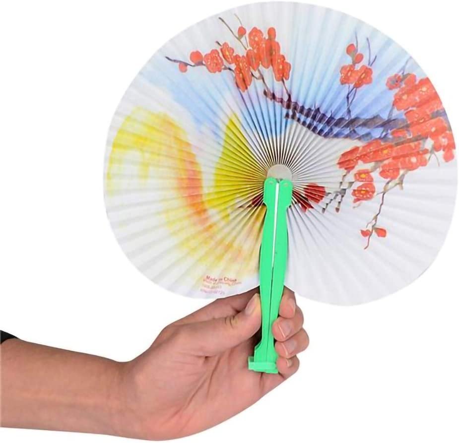 10" Handheld Folding Fans, Pack of 12 White Foldable Fans with Assorted Designs & Colorful Plastic Handles, Goodie Bag Filler, Party Favors & Supplies, Fun Novelties & Gifts for Kids