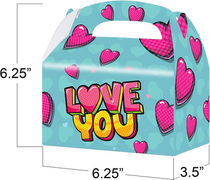 ArtCreativity Valentines Day Treat Boxes, Set of 12, Cardboard Paper Valentines Candy Boxes with Carry Handles, Themed Party Favor Boxes, Valentines Goodie Bags for Sweets, Toys, Gifts, and More