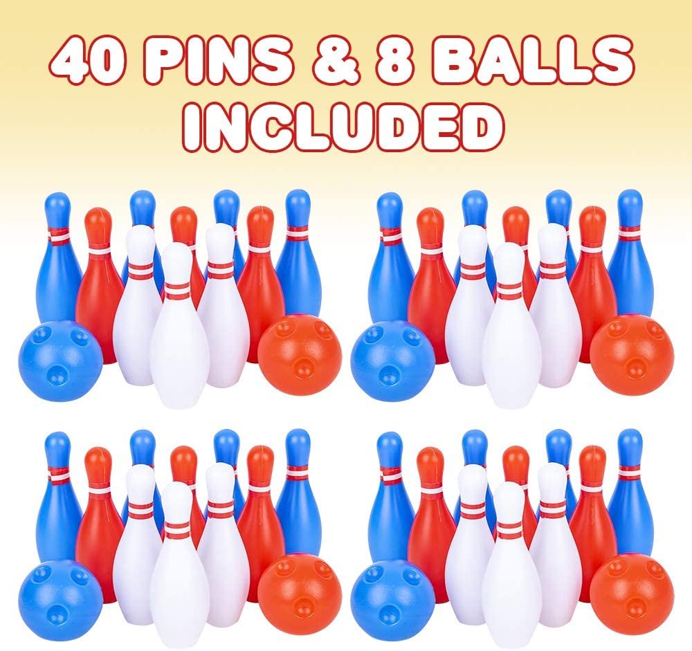 Gamie Bowling Set for Kids, 4 Mini Sets, Each Set Includes 10 Pins and 2 Balls, Durable Plastic Indoor and Outdoor Game, Fun Carnival and Birthday Party Activity for Boys and Girls