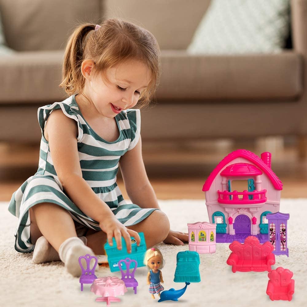 ArtCreativity Doll House Pretend Play Set for Girls, Cute Playset with Dollhouse, Doll, and Dollhouse Accessories and Furniture, Durable Princess Toys, Best Holiday and Birthday Gift for Girls