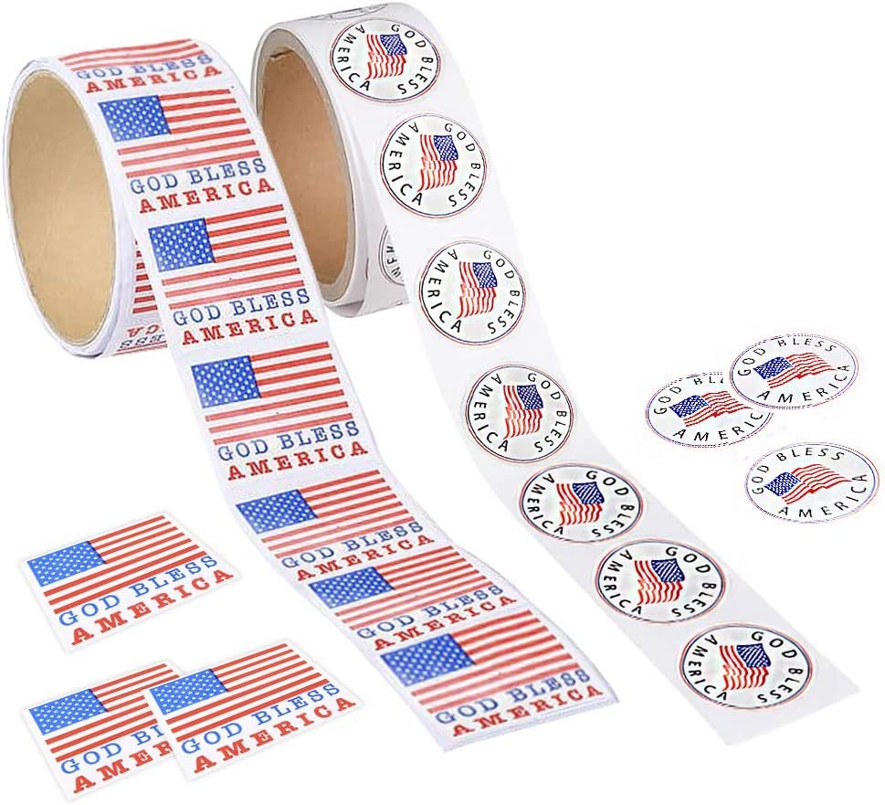 USA American Flag Patriotic Stickers, 2 Rolls with 200 God Bless America Stickers Total, Red White and Blue Decorations for 4th of July, Memorial, Veteran’s, and US Flag Day