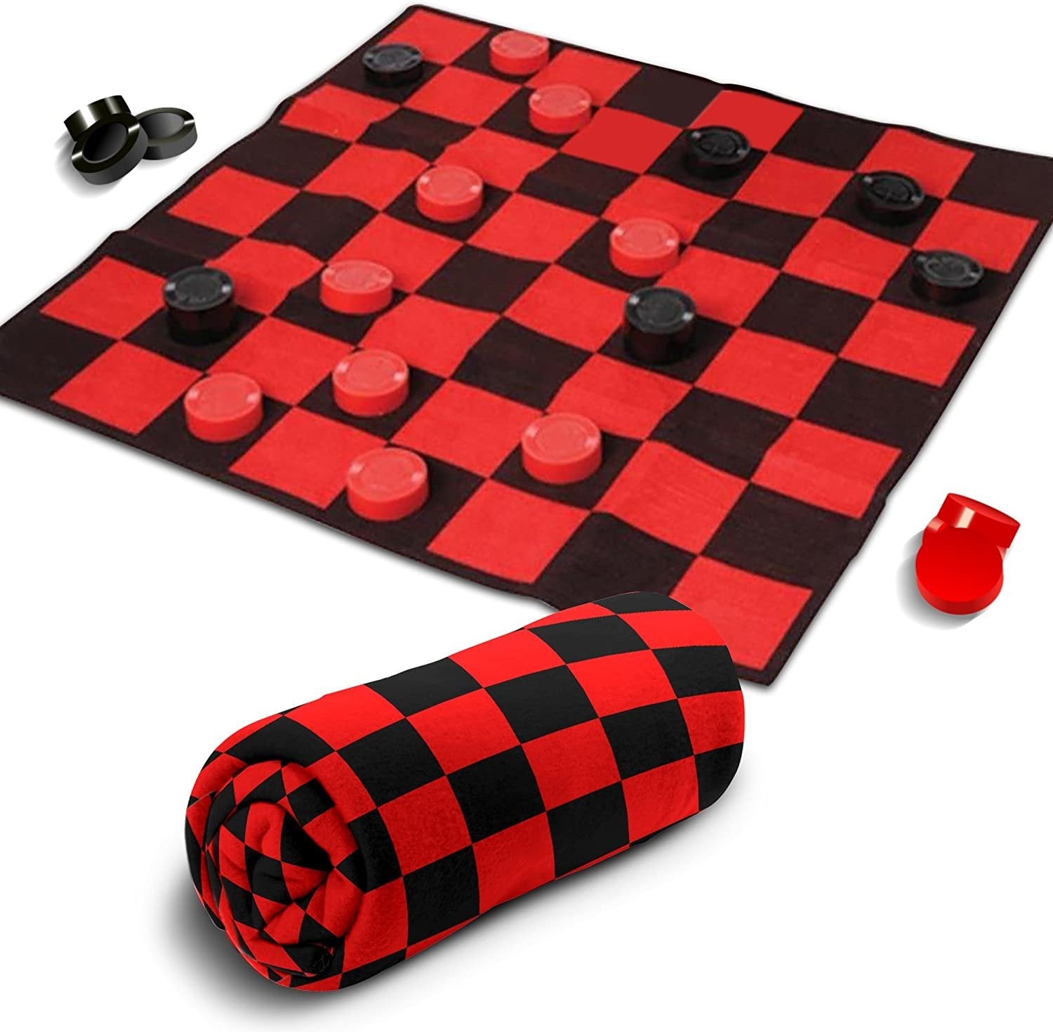 Giant Checkers Rug Set by Gamie - 34.5 x 34.5" Jumbo Checker Board Floor Mat Game with Huge Pieces - Great Gift Idea for Boys and Girls, Fun Birthday Party Activity - Play Room Rug - Red and Black