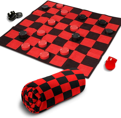 Giant Checkers Rug Set by Gamie - 34.5 x 34.5 Inch Jumbo Checker Board Floor Mat Game with Huge Pieces - Great Gift Idea for Boys and Girls, Fun Birthday Party Activity - Play Room Rug - Red and Black