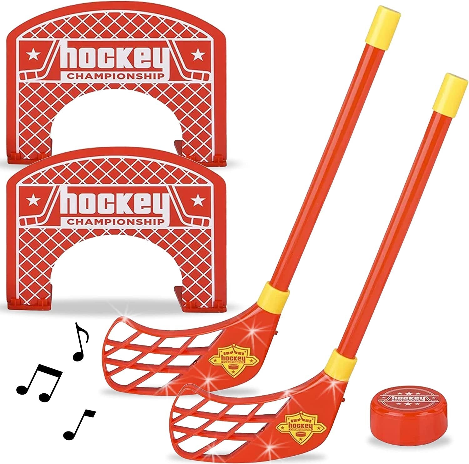 Light Up Indoor Mini Hockey Game - 2 Hockey Sticks with LEDs and Sound, 2 Goal Posts, and 1 Game Puck - Floor Hockey Set for Hours of Fun - Sports Floor Games for Boys and Girls