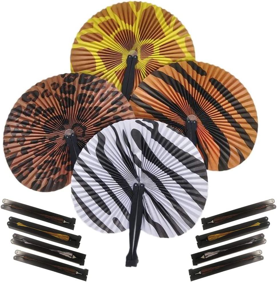 10" Safari Print Folding Fans, Pack of 12 Foldable Fans in Assorted Colors and Designs, Goodie Bag Filler, Party Favors and Supplies, Fun Novelties and Gifts for Kids Ages 3+