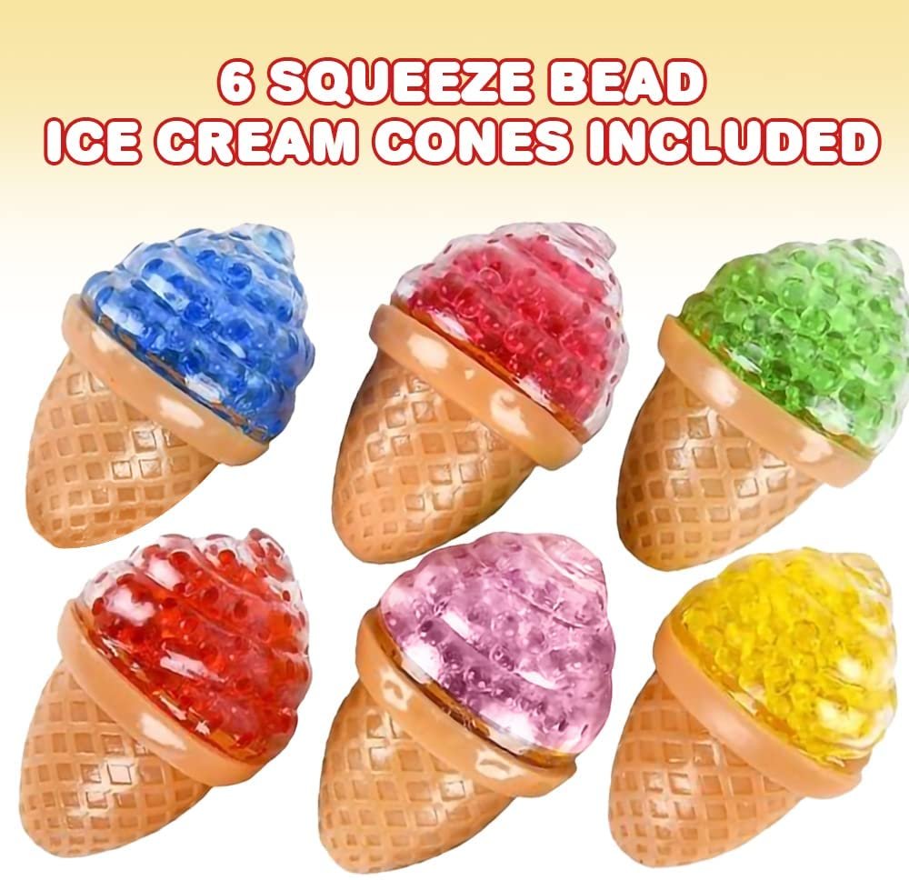 Gel Bead Ice Cream Toy with Squeezy Water Beads, Set of 6, Cute Stress Relief Sensory Toys for Boys and Girls, Fun Birthday Party Favors and Goodie Bag Fillers for Kids