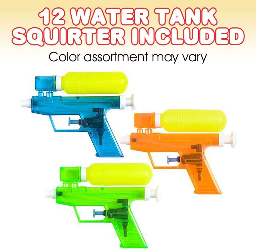 Water Tank Water Squirters, Pack of 12, Assorted Colors Water Squirt Toy Guns for Swimming Pool, Beach and Outdoor Summer Fun, Cool Birthday Party Favors for Boys and Girls