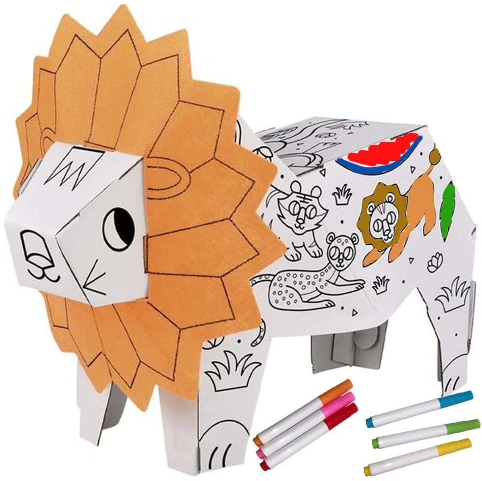 Construct Your Own Lion Art Project, DIY Art Kit for Kids with 6 Markers, Doodle Construct Lion for Boys and Girls, Engaging Arts and Crafts for Kids