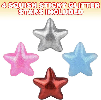 ArtCreativity Squeezy Sticky Glitter Stars, Set of 4, Stress Relief Fidget Toys for Kids, Anxiety Relief Toys in Assorted Vibrant Colors, Fidget Party Favors, Pinata Stuffers, and Goodie Bag Fillers